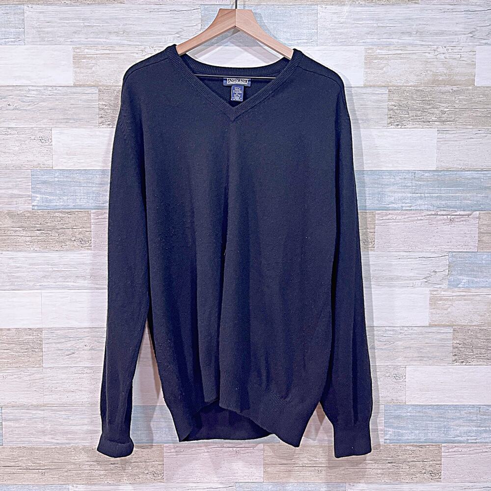 Lands End 100% Cashmere Sweater Black V Neck Vintage Mens XL 46-48 Regular